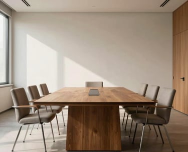 A wide angle shot of a clean, minimalist conference room with a large wooden table and comfortable seating, soft morning light, global Spanish-speaking context, atmosphere of integrity and authority.