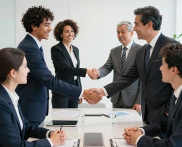 A professional photography of a diverse group of people in formal business attire shaking hands across a conference table, bright and airy room, global Spanish-speaking context, colors of steel blue and white.