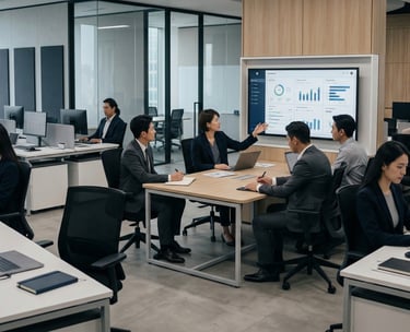 Professional business team analyzing data charts on a screen in a modern open-plan office.