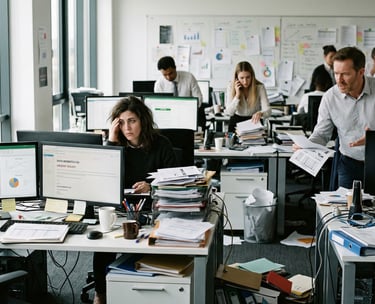 Stressed office employees working at messy desks in a chaotic, busy open-plan workspace.