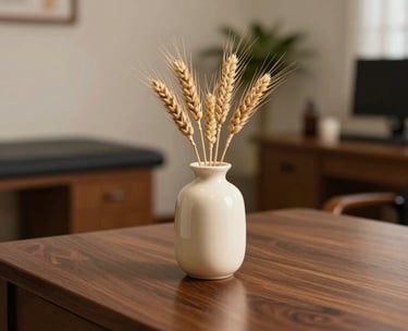 A close-up photograph of a polished wooden desk with a small ivory ceramic vase holding dried wheat, set against a soft-focus background of a professional therapy office in the North American / US region. The lighting is warm and calming, emphasizing deep brown and soft ivory tones.