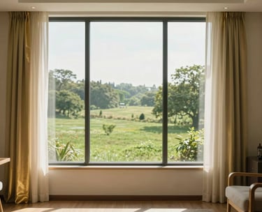 Photography of a large window in a serene therapy office, looking out onto a peaceful green landscape. The interior features gold accents and ivory curtains. North American / US style interior, bright and airy morning light.
