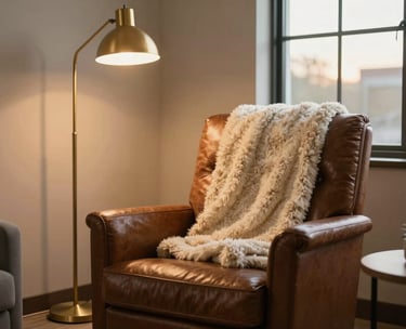 Photography of a cozy, professional therapy room in North American / US, featuring a brown leather armchair, a soft ivory wool throw, and a gold floor lamp. Soft, evening golden hour lighting through the window.