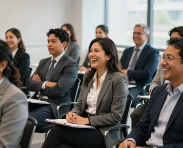 A group of Latin American professionals participating in an engaging corporate workshop, sitting in a bright and airy conference room, laughing and collaborating.