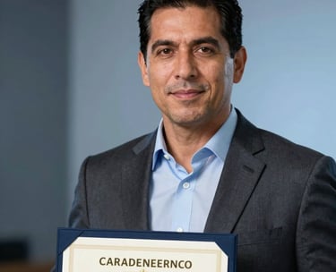 A professional Latin American man receiving a certificate, looking proud and confident, soft blue lighting in the background, high-end photography style.
