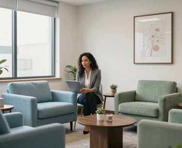 A bright and inviting consultation room in a Latin American corporate office, featuring comfortable seating and professional decor in shades of light blue and sage green, soft natural light.
