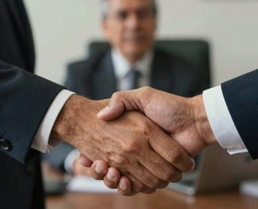A close-up of a Latin American professional shaking hands with a mentor, symbolizing trust and agreement, with a blurred office background and warm, natural lighting.
