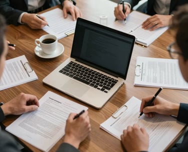 Top-down shot of a conference table with a laptop, a coffee cup, and organized documents during a managerial training session. Warm but professional lighting, reflecting a serious and productive work environment.