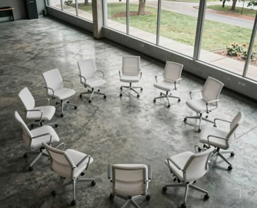 Clean, high-angle shot of a modern training room in a South American business hub. Polished concrete floors, ergonomic white chairs arranged in a circle, and large windows revealing a park view. Soft natural lighting, professional and calm atmosphere.