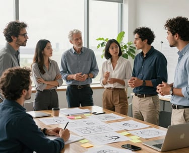 A group of diverse South American professionals in business casual attire engaging in a lively brainstorming session. They are standing around a large table with sketches and sticky notes. Bright, airy corporate studio with plants, professional photography style.