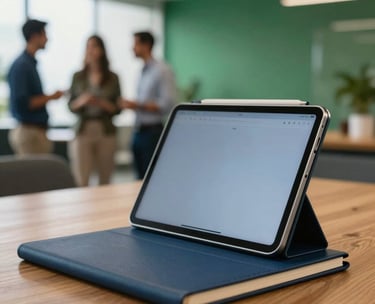 Close-up of a professional tablet and high-quality notebook on a wooden table in a brightly lit office lounge in Brazil. In the background, soft-focus professionals are networking. The palette features steel blue and forest green accents.