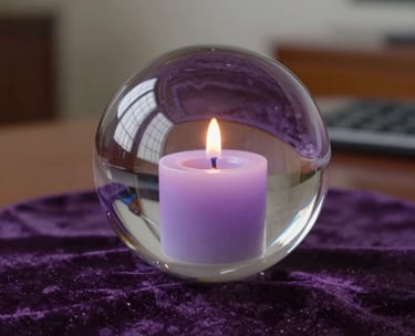 A close-up of an elegant crystal ball reflecting the soft light of a lavender candle, placed on a dark purple velvet cloth in a South American / Brazilian home office.