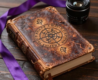 Macro photography of an ancient leather-bound book with mystical symbols on the cover, resting next to a purple silk ribbon on a dark wood table.