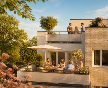 Grande terrasse d’un appartement de la Résidence Les Ricochets II avec vue dégagée et cadre verdoyan