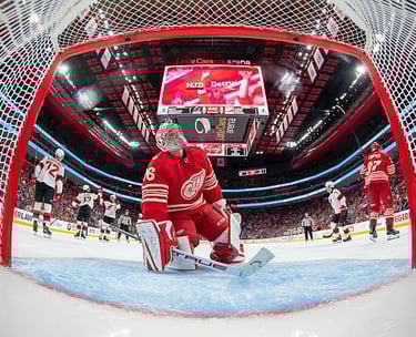 John Gibson, goalie for the Red Wings, in the 3rd period at Little Caesars Arena on April 11, 2026 in Detroit, Michigan