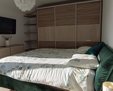 a bedroom with a bed and a television