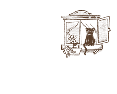 Hand-drawn sketch of a black cat sitting in an open window next to a flower pot.