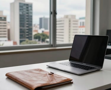 A professional workspace in a South American city, featuring a clean desk with a laptop, a leather folder, and a view of modern Brazilian architecture through the window, bright daylight.