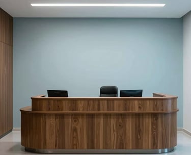 A wide shot of a clean, minimalist reception area in a Brazilian law office, featuring wood accents and soft blue lighting.
