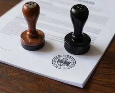Detailed shot of a Brazilian notary stamp and official seal on a heavy paper document, resting on a polished dark wood surface with soft morning light.