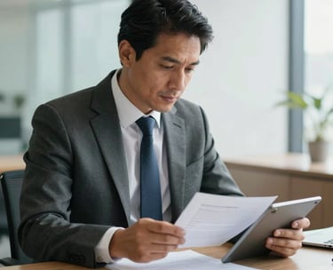 A professional South American consultant in a tailored suit reviewing legal files on a tablet, sitting in a bright, contemporary office environment.