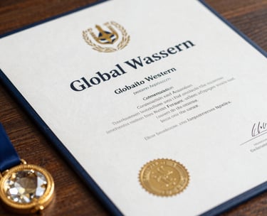 A close-up photograph of a professional certification diploma resting on a dark wood surface next to a golden crystal. Global / Western.