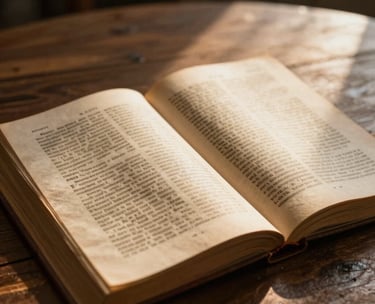 A sophisticated close-up of an open ancient text on a wooden table, illuminated by a warm golden light beam. Global / Western.