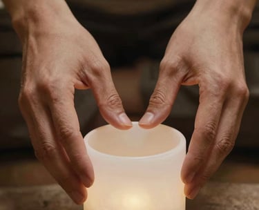 Close up of a person's hands performing a reiki energy session over a white crystal. Ethereal golden lighting. Global / Western.
