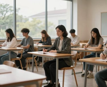 A professional and serene classroom setting for spiritual learning, featuring a large windows with natural light and minimalist wooden furniture. Global / Western style.