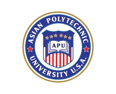 Asian Polytechnic University U.S.A. official circular logo featuring a red, white, and blue shield emblem.