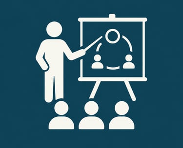 White icon of a speaker leading a business training workshop for an audience on a blue background.