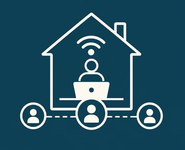 A minimalist icon showing a person working from home with high-speed internet connecting to a remote team.