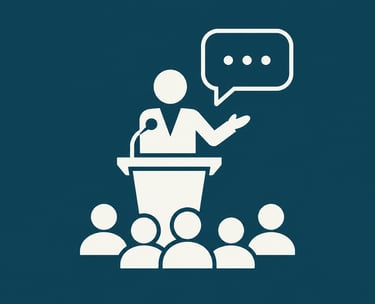 White flat icon of a public speaker at a podium giving a presentation to an audience.