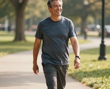 A joyful North American man in his 50s enjoying a brisk walk in a sunny local park, wearing casual fitness attire. The lighting is warm and natural, conveying vitality and accessible well-being.