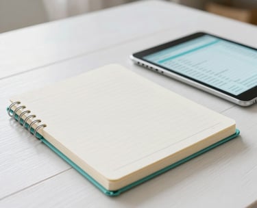 A clean, high-resolution photograph of a simple health journal and a digital tablet showing a clean data dashboard on a white wooden table in a brightly lit North American home. The color palette includes soft teal and off-white tones.