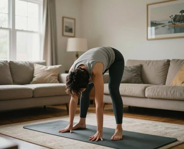A photograph of a person in a bright North American living room practicing a gentle morning stretch. The atmosphere is calm and focused on simple, accessible well-being.