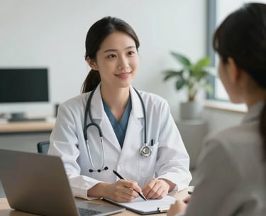 A professional and compassionate health consultant in a clean, modern North American office, listening intently to a client during a consultation. The lighting is soft and inviting.