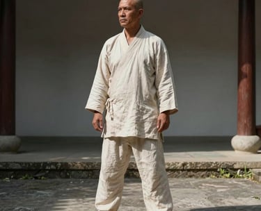 A serene portrait of a Kung Fu master in light linen clothing, standing in a minimalist stone courtyard in Colombia. The master has a peaceful expression. The composition is balanced and artistic, using natural shadows.