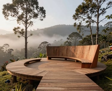 Outdoor training space in the mountains of Eastern Antioquia, Colombia. An organic wooden platform surrounded by native trees. The atmosphere is misty and calm at sunrise, with soft olive and terracotta accents in the natural landscape. High-end architectural photography style.