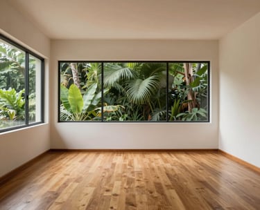 A minimalist and serene interior of a martial arts dojo in Medellin, Colombia. Soft natural light illuminates warm wooden floors and smooth plaster walls in off-white and cream tones. Large windows show lush tropical greenery outside. The composition is clean and centered, capturing a sense of calm and discipline.