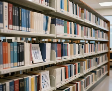 A well-organized department library featuring rows of psychology journals and assessment tools, clean lighting, professional and academic atmosphere.