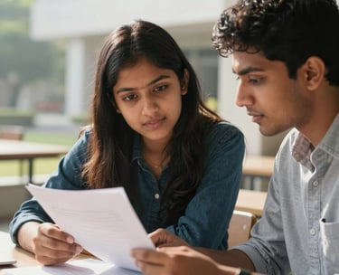 Two South Asian students engaged in a focused discussion over a research paper, modern campus setting, bright morning light, emphasizing academic excellence and collaboration.