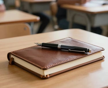 A close-up of a high-quality leather-bound notebook and a fountain pen on a clean wooden desk, with a soft-focus South Asian classroom in the background, professional and studious mood.