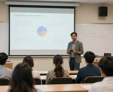 A bright, professional seminar room with a whiteboard showing psychological diagrams, modern seating, South Asian university context, encouraging and supportive environment.