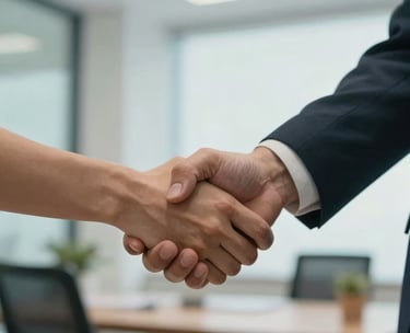 A close-up of two people shaking hands warmly in a brightly lit North American office setting, conveying trust and partnership. The lighting is soft and professional, with hints of pale blue and gold in the background decor.