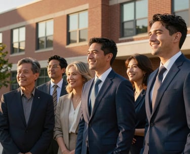 A group of people standing together in front of a modern community brick building in Georgia, smiling and looking toward a bright future. The style is warm and elegant, with gold and deep blue highlights.