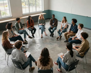 A high-angle shot of a group of diverse people sitting in a circle in a modern Georgia community hall, engaged in a supportive discussion. The room is airy with large windows and features light grey and teal accents.