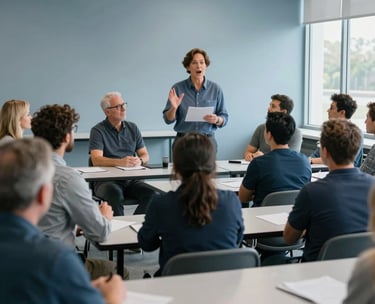 A group of adults in a bright classroom in Georgia, participating in an interactive leadership workshop. The instructor is speaking enthusiastically, and the atmosphere is encouraging and professional, styled with muted blue tones.