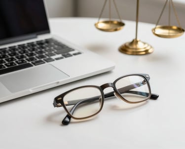 A desk with a silver laptop and a pair of professional reading glasses. A small brass scale of justice is in the background. South Asian / Indian workspace aesthetic with clean lines and a professional mood.