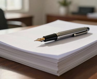 A close-up shot of a legal fountain pen resting on a thick stack of white parchment paper. The background shows a soft-focus modern office in Kochi, South Asian / Indian setting, with warm afternoon light.
